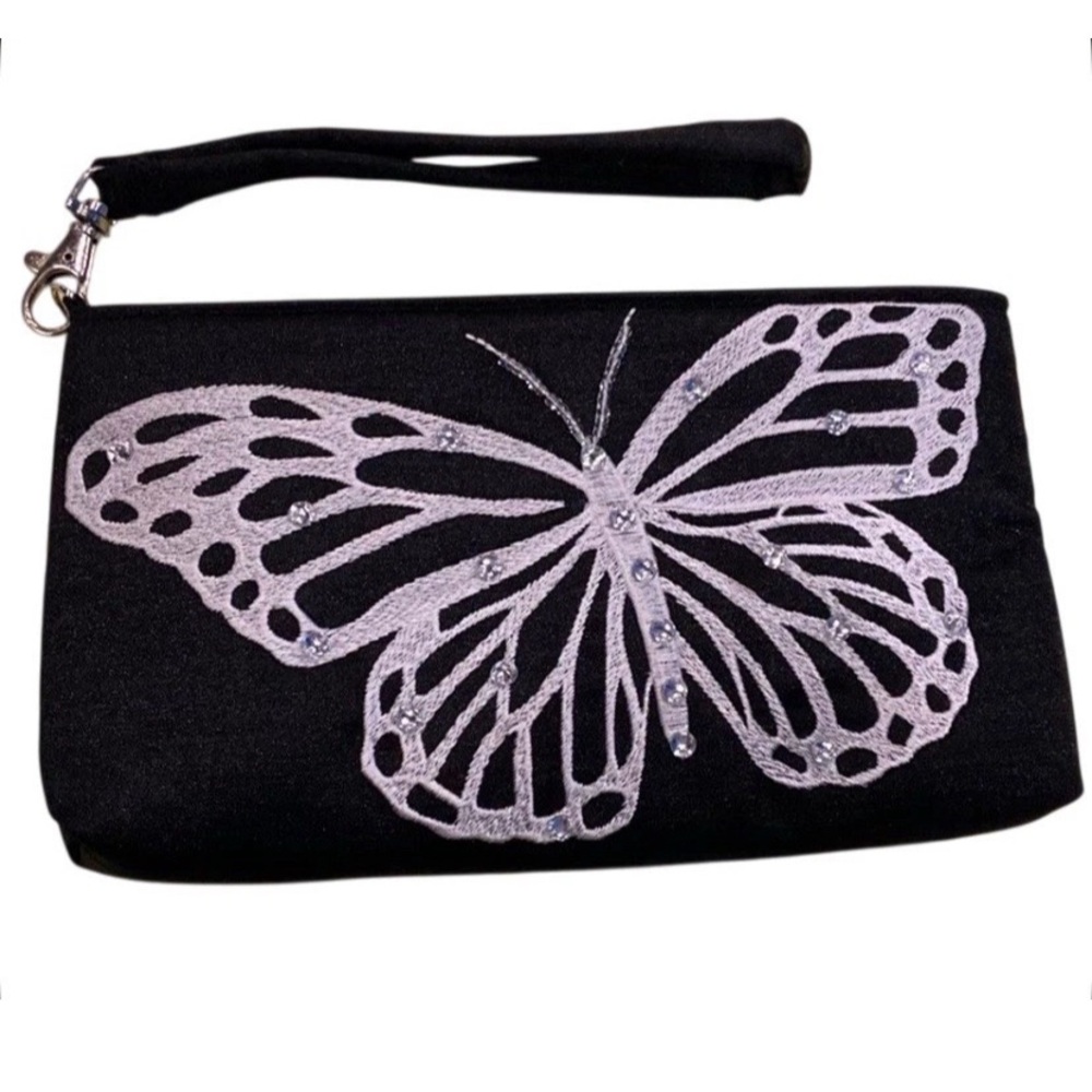 Embroidered Butterfly Clutch Wristlet Black White Beaded
